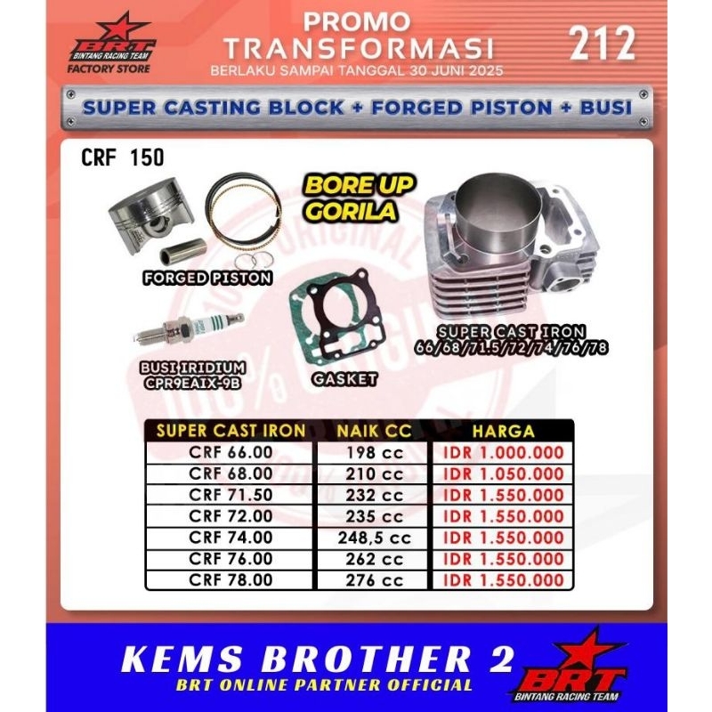 BLOK CRF BRT GORILLA PISTON 72MM 74MM 76MM 78MM ORIGINAL BRT KHUSUS 4 KLEP
