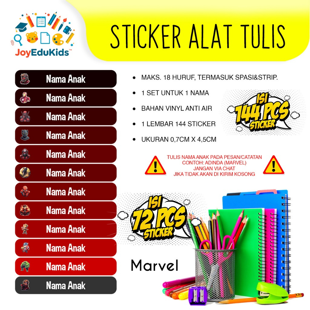 

Sticker Alat Tulis Anak Marvel Custom Print dan Cut Waterproof Label Nama Lucu