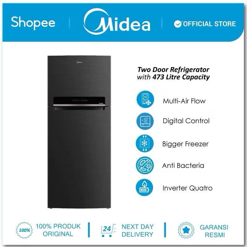 Midea Kulkas 2 Pintu 473L Low Watt Inverter Freezer Besar Tanpa Bunga Es Salju Hitam MDRT611EVD28ID