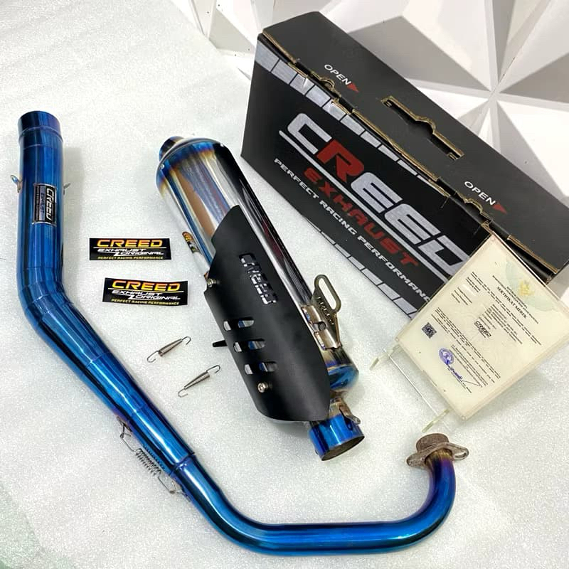 knalpot CREED exhaust type BIG VOLUME + PERISAI standar racing tersedia leher Titan stainlles dan bl