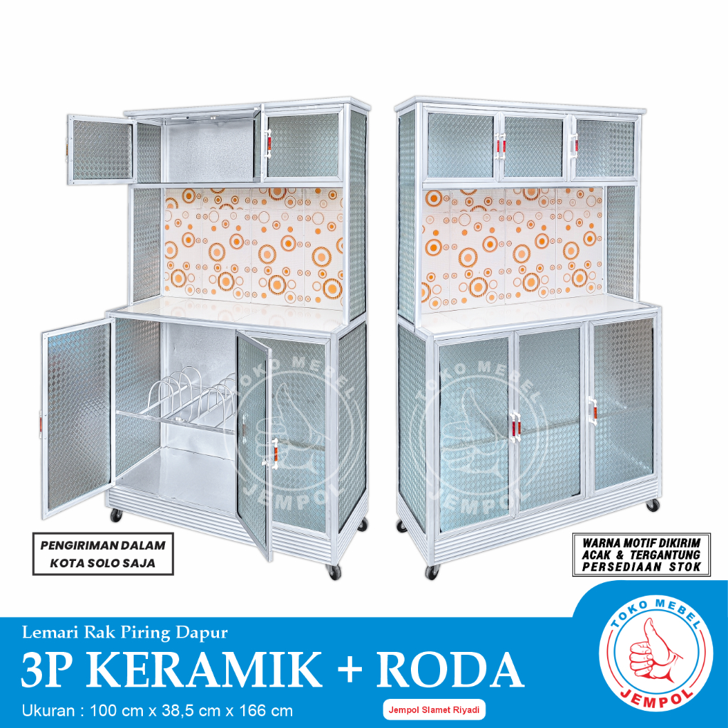 Rak Piring 3 Pintu Keramik + Roda / Rak Penyimpanan Serbaguna / Lemari Dapur Alumunium