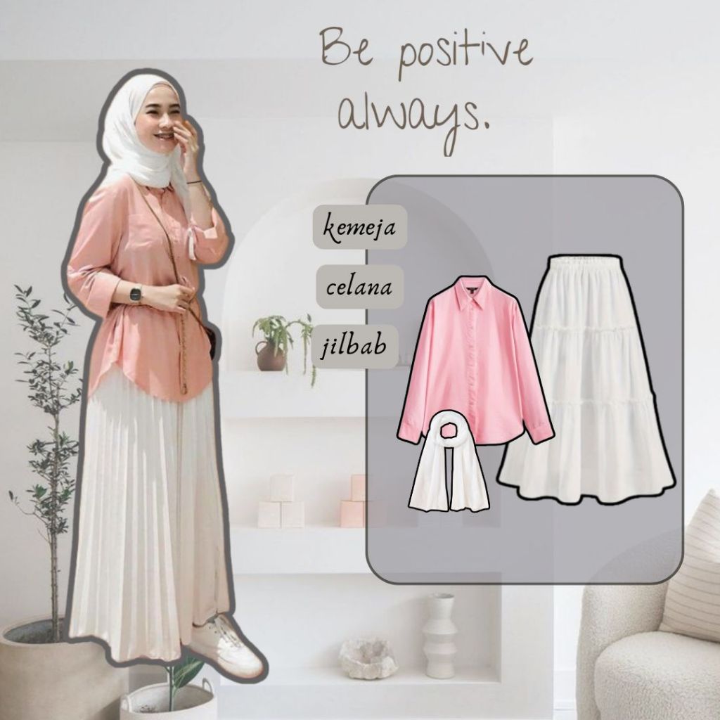 One Set Lebaran ( Kemeja + Rok Susun + Hijab ) OOTD 3in1 Korean Style Hijab