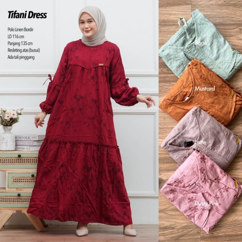 TIFANI DRESS COUPLE IBU DAN ANAK POLO LINEN BORDIR / Dress Lebaran / Dress Ibu Anak / Gamis Ibu Anak