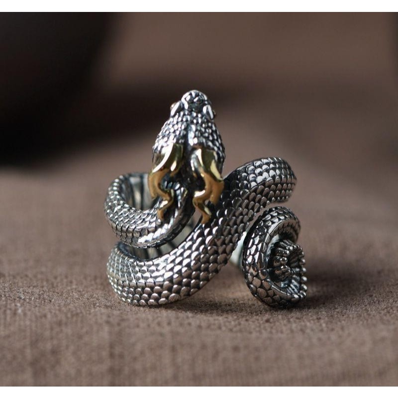 Cincin Pria Retro Motif Ular Naga Tanduk Kuning Model Terbuka ( 2 Varian )