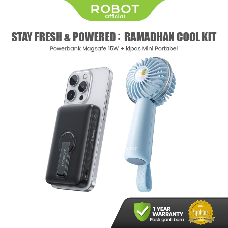ROBOT Stay Fresh Bundle - Kipas & Powerbank Kombo dalam Satu Paket - Garansi 1 Tahun
