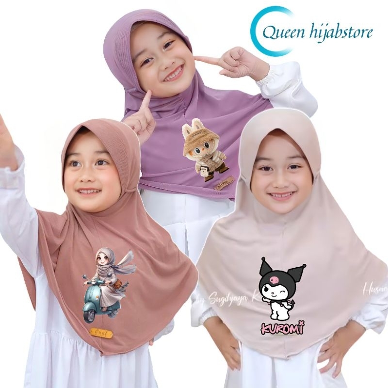 Jilbab Tali Ulir/Kepang Anak Karakter Hijab Instan Bergo Pet Tali Karakter Labubu Bahan Jersey