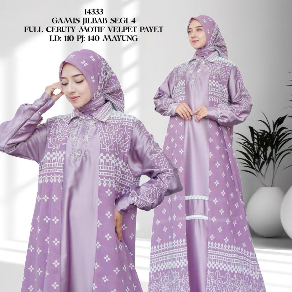 KD 14333 (isi 2) ASYA Gamis Jilbab Segi Empat Full Ceruty Motif Velpet Payet Lebar Mayung Syari Hija