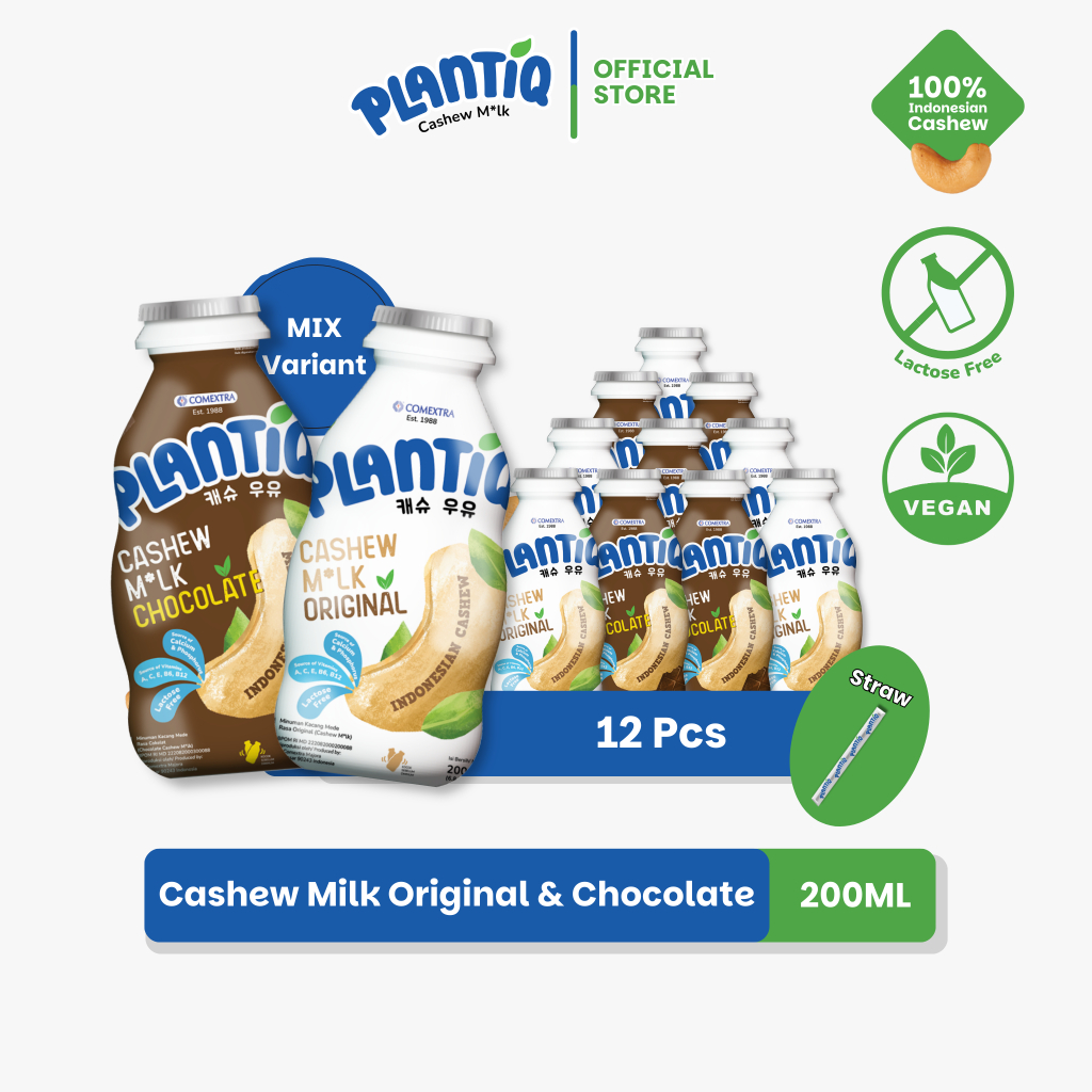 

[12 PCS MIX] PLANTIQ Cashew Milk Original Chocolate 200ml - Susu Kacang Mede Rasa Original & Coklat - Non Dairy Milk Lactose Free
