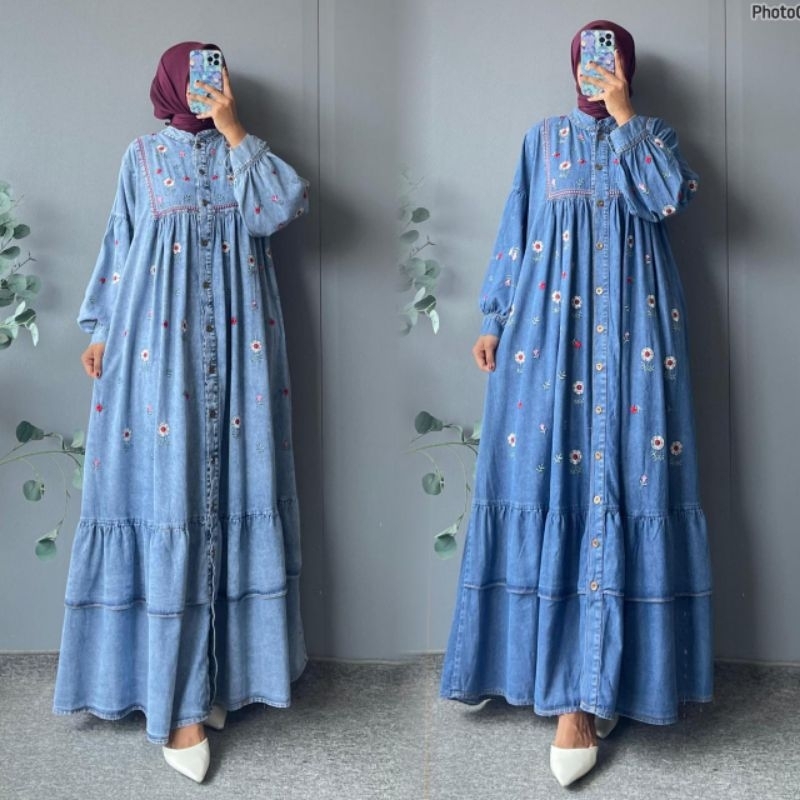 - Lucky Lacky Boutique - Gamis Washjeans Bordir Bunga Gamis Muslim Terbaru Kekinian