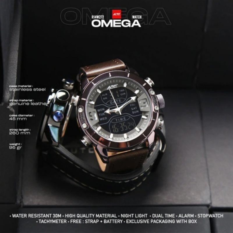 Jam Tangan Kulit Analog Digital Pria OMEGA AREI OUTDOORGEAR - WATCH DIGITAL ANALOG REI KULIT WATER R