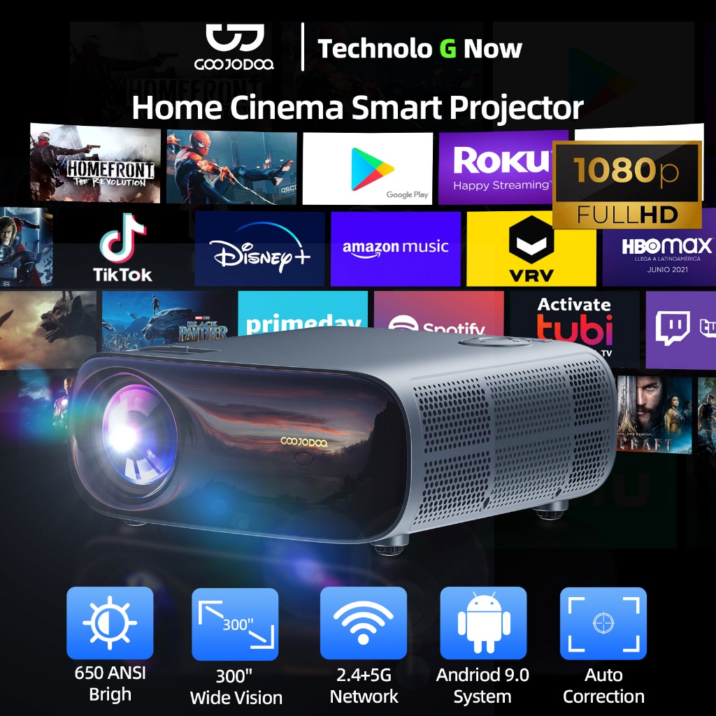 Goojodoq Proyektor Profesional 5.7inch  Android 9.0 4k Wifi Full Hd 1080p 600ANSI With two 10W power