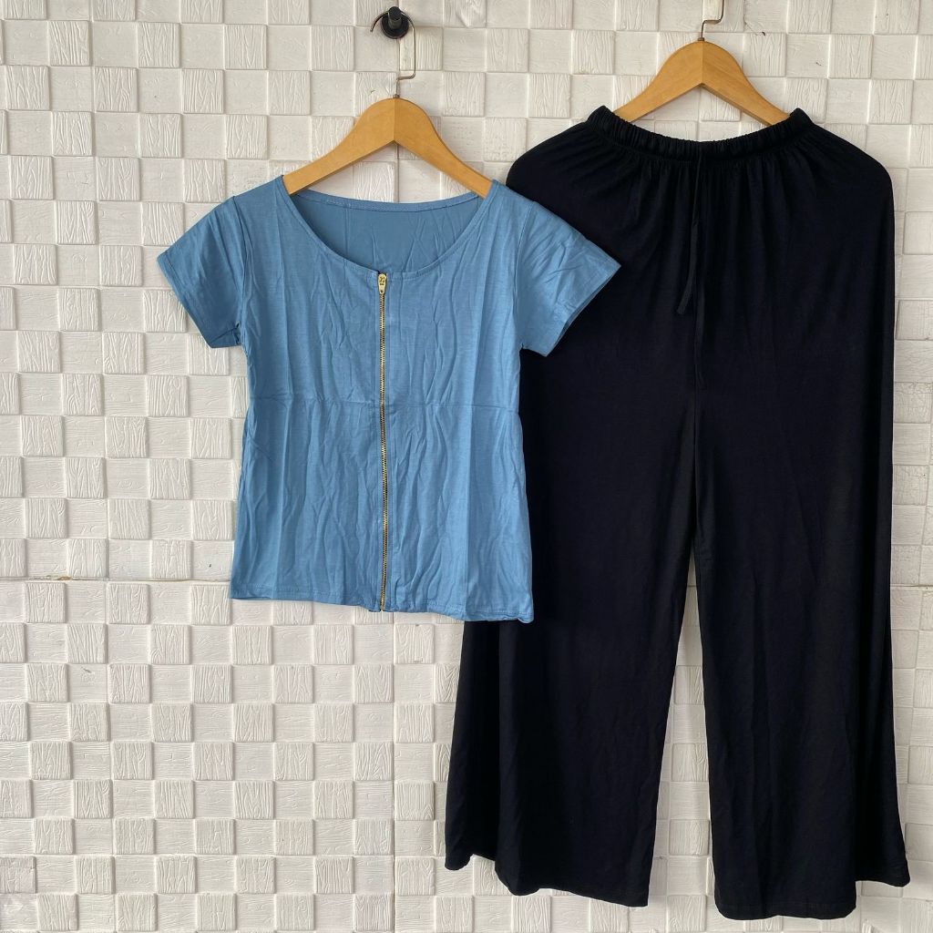 Setelan Celana Panjang Wanita / Set Atasan Zipper Tangan pendek / One set Kaos Resleting Depan Crop
