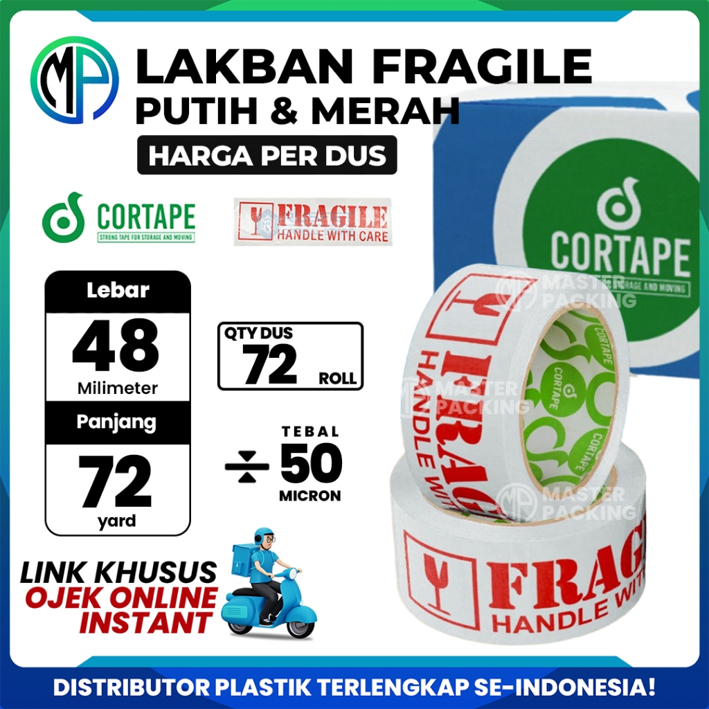 

Lakban Selotip Grosir Cortape Printing Fragile Putih 2inch - 45mm x 72yard HARGA PER-DUS (VIA GOJEK)