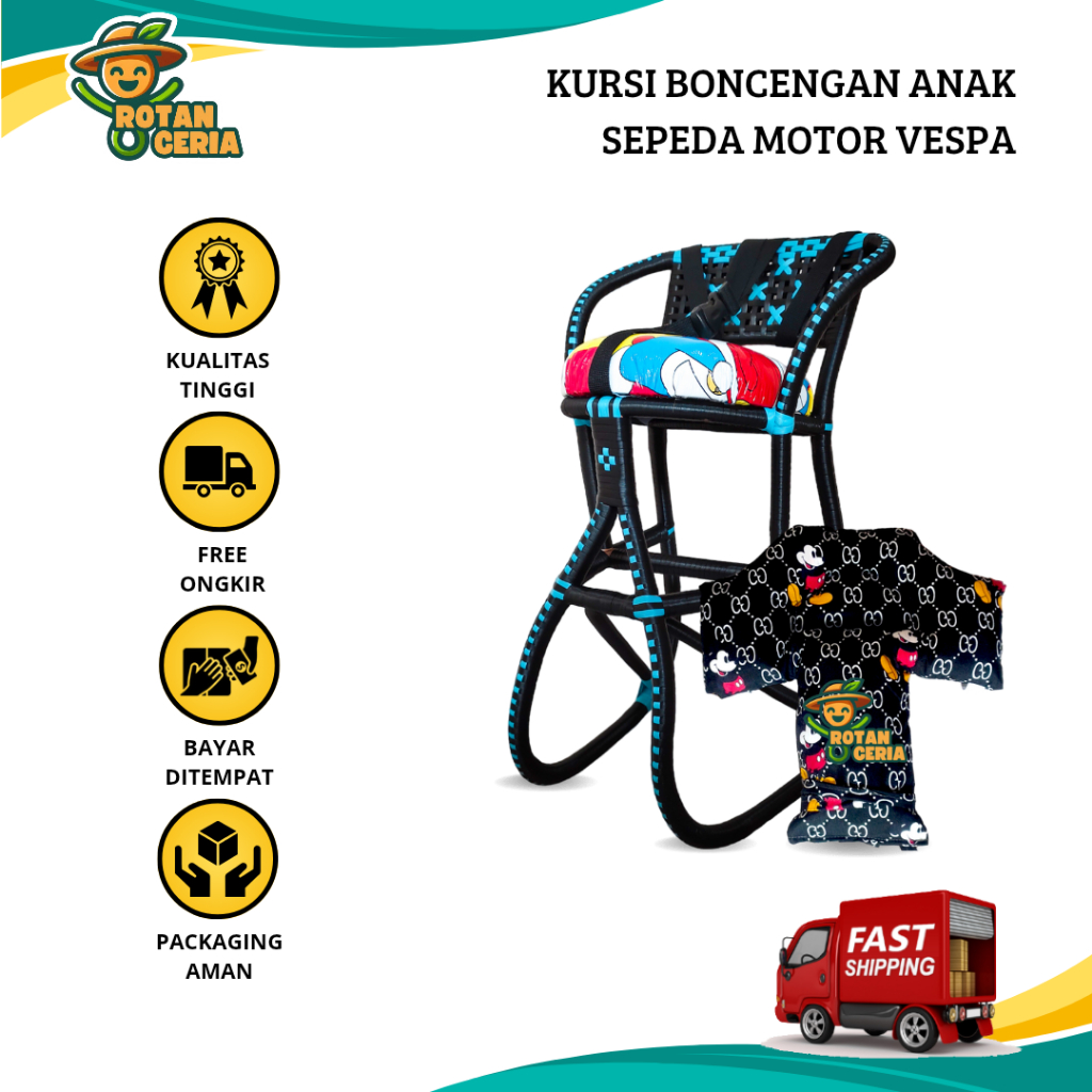 Kursi Boncengan Motor VESPA MULTIFUNGSI untuk Anak Full Anyaman Jok Karakter