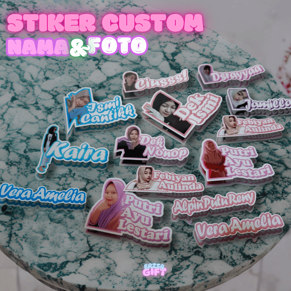 

STIKER CUSTOM NAMA DAN FOTO FREE DESAIN, BAHAN VYNIL LAMINASI GLOSSY TAHAN AIR TAHAN LAMA