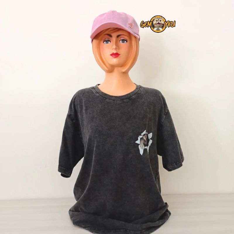 Washed T-Shirt Oversize Cat | Kaos Oversize Washed Motif Kucing Lucu
