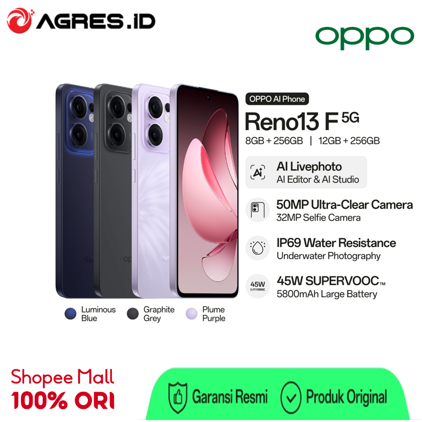 OPPO RENO 13 F 5G 8GB 256GB GREY PURPLE GARANSI RESMI INDONESIA