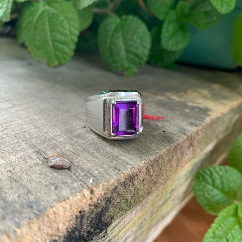 Cincin Batu Natural Kecubung Ungu Ametys Quartz Octagon Memo Ring Monel Doff Perak Handmade