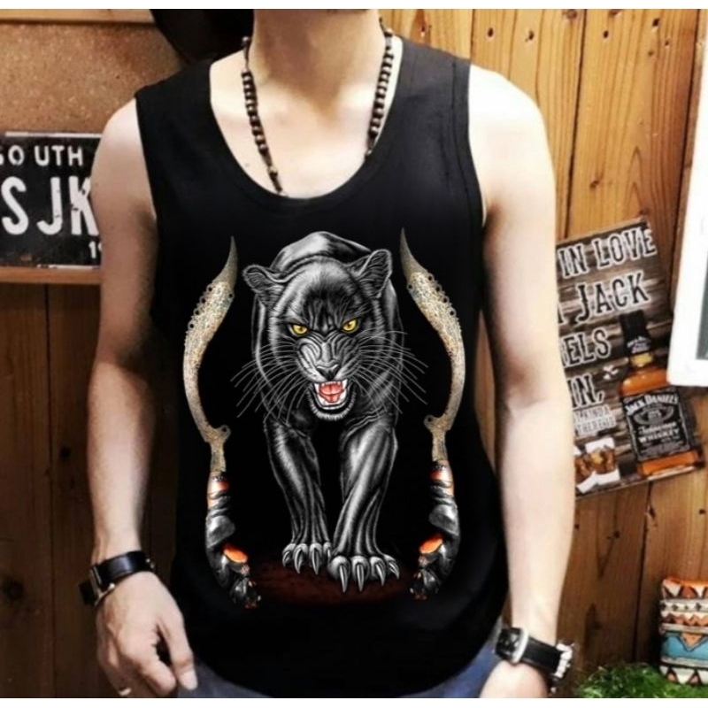 KAOS SINGLET MACAN PANJALU HITAM MC 02 MOTIF DTF DIGITAL PRINT TERBARU KAOS DALAMAN TANKTOP PRIA WAR