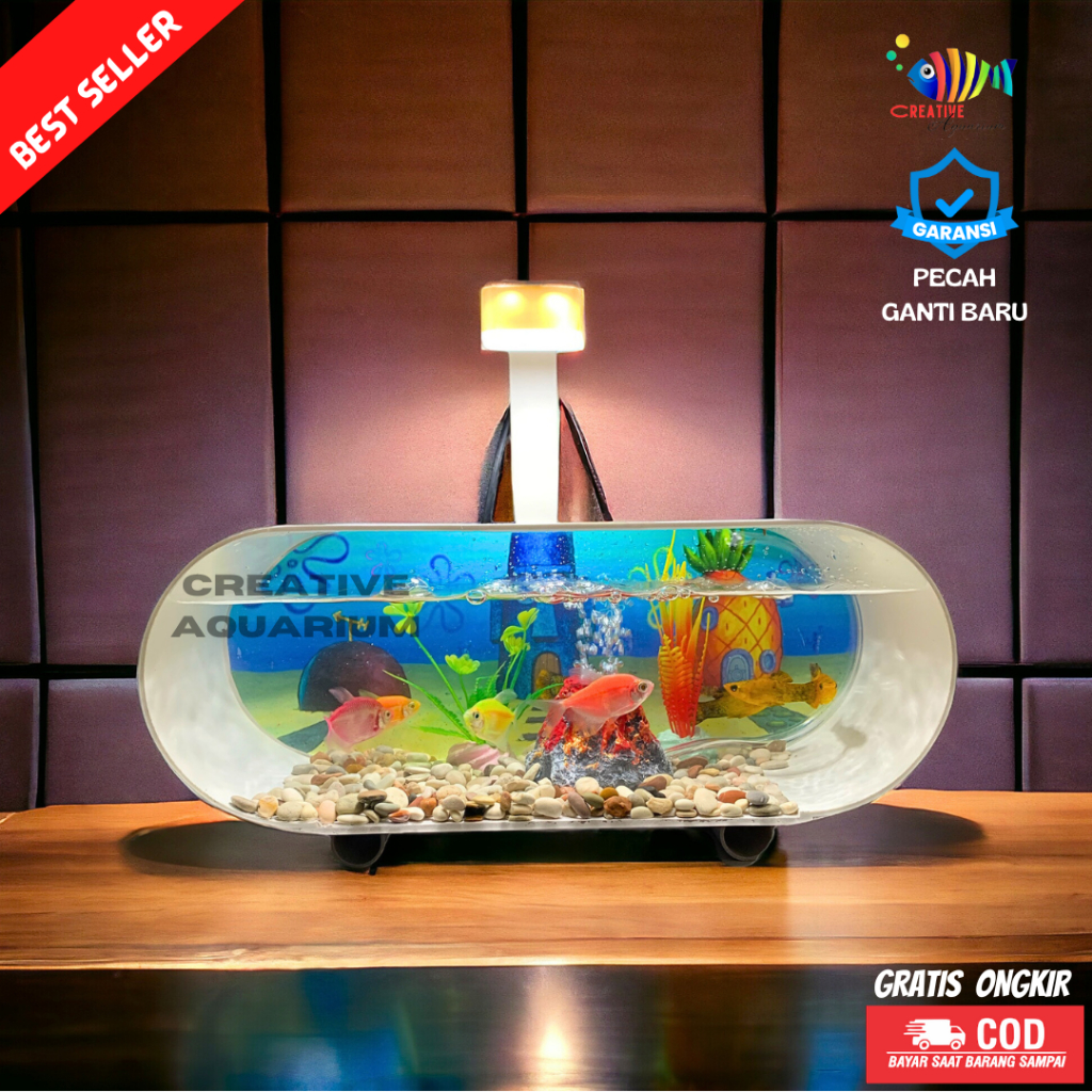 1 Set aquarium mini ikan hias/ aquarium cupang segala ikan plus mesin oxygn aerator glembung lampu L