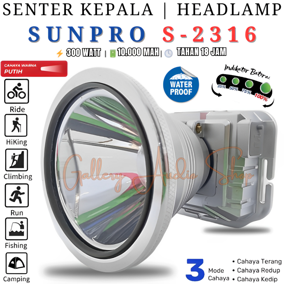 Senter Kepala Sunpro S-2316 LED 300 Watt Super Terang | Senter Cas Anti Air Cahaya Putih Sangat Tera
