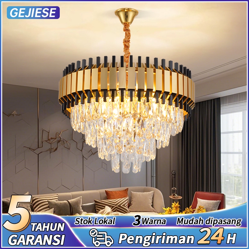 【COD】Lampu Gantung Kristal Mewah Modern 72W LED 3 Warna 50CM Bulat Lampu Gantung Ruang Tamu Hias