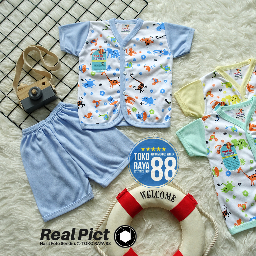 TOKO RAYA 88, Setelan Baju Bayi 3-18 Bulan, RED FOREST PPD Animal Bunga Mix Piyama Pendek, SPY-RF153