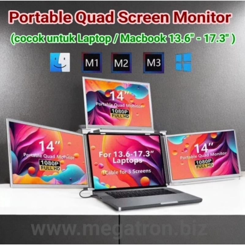 Portable Quad Screen Monitor 14 inch - 1 cable - Support Windows & MacBook M1 M2 M3 M4