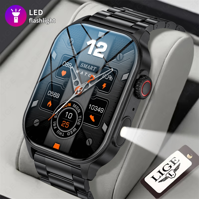 LIGE Smart Watch Pria 2.01 inci Layar HD Dengan Lampu LED 370mAh Tahan Air Luar Ruangan Monitor Kese