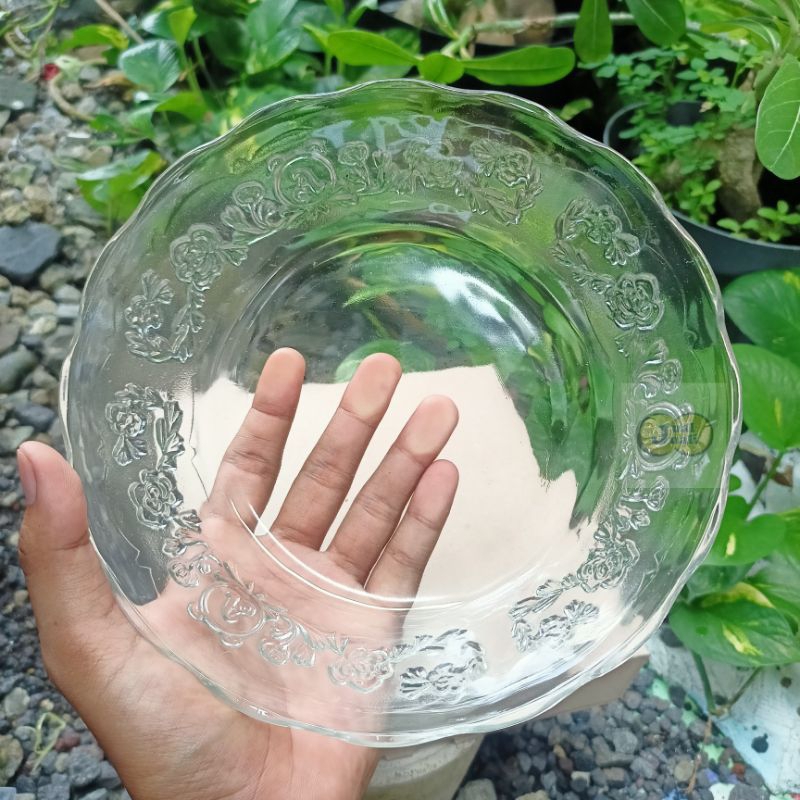 Polkadotts Mangkok Piring Kaca Bening Motif Bunga Diameter 20Cm