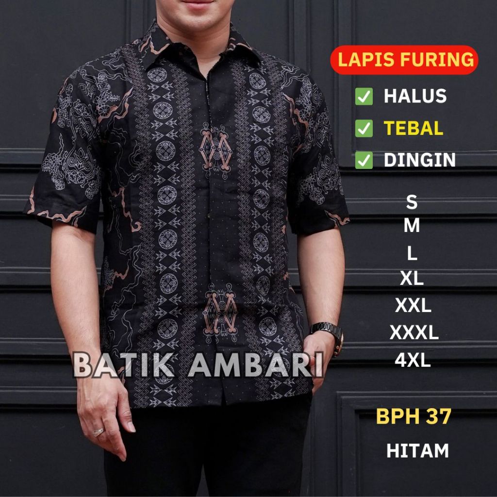 Batik Pria Lapis FURING STANDAR JUMBO Kemeja Batik Lengan Pendek XXXL 4XL HITAM Batik Ambari BPH 37