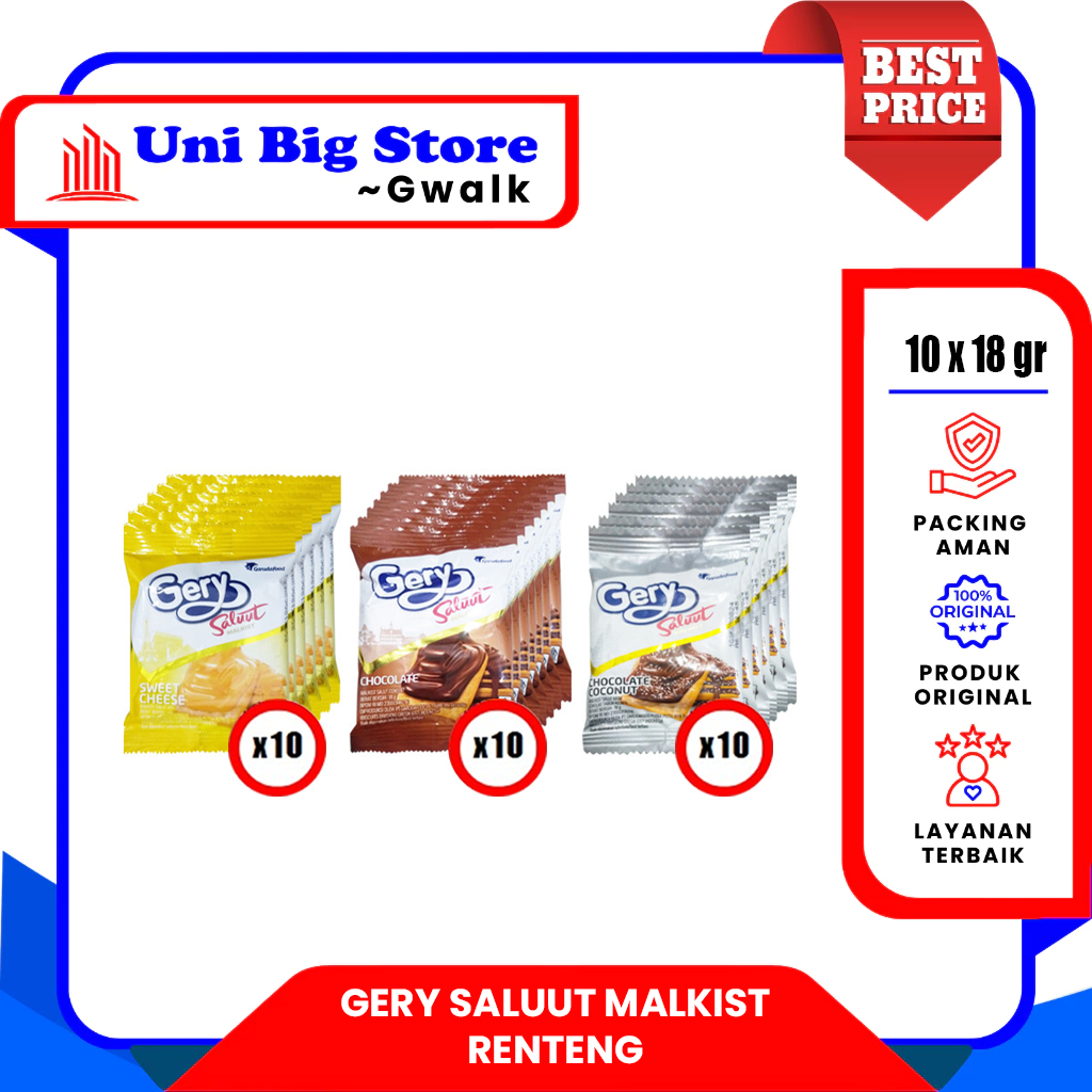 

GERY SALUUT MALKIST CHOCOLATE - SWEET CHEESE - CHOCOLATE COCONUT RENTENG - (18 gr x 10 pcs)