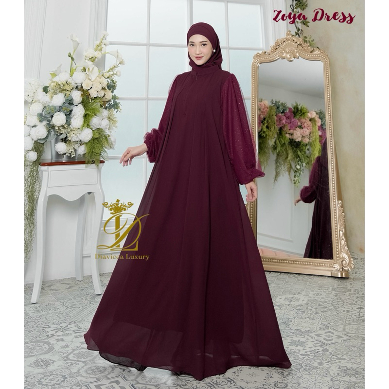 ZOYA DRESS Set Hijab Ceruty Mix Tile Glitter Sparkling Premium Motif Polos Busui Pesta Mewah Jumbo G