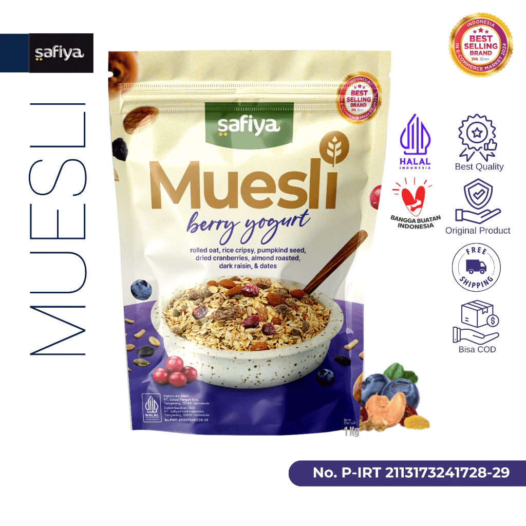

Safiya Muesli Berry Yogurt 1KG Sereal With Almond Premium Nutriflakes Diet