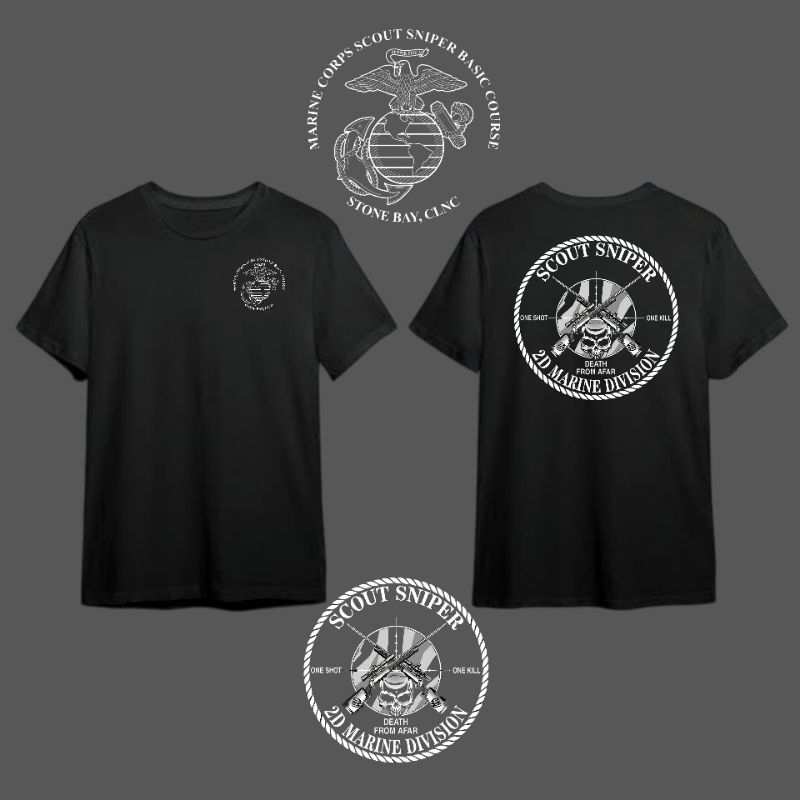 Kaos US ARMY T Shirt Military Design USMC 2D MARINE DIVISION SCOUT SNIPER STONE BAY "ONE SHOT ONE KI