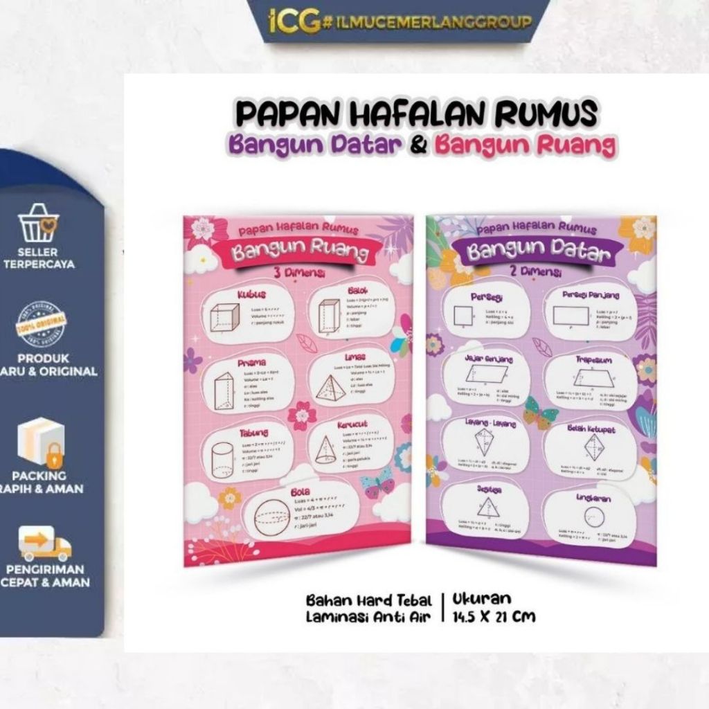 

Table Papan Hafalan Bangun Ruang Bahan Hard Tebal Laminasi Anti Air, Depan Belakang