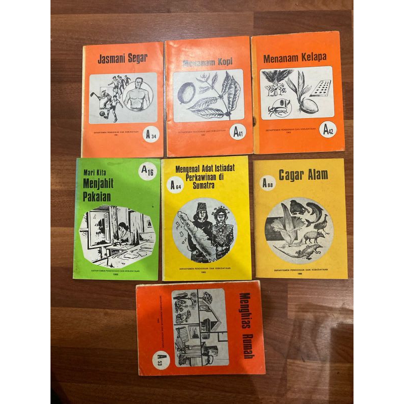 

Buku - Pelajaran lawas Jasmani Segar A34 thn 1991 , Menanam Kopi A41 thn 1983 , Menanam Kelapa A42 thn 1983 , Menjahit Pakaian A16 thn 1985 , Mengenal adat istiadat di Sumatra A64 thn 1953 , Cagar alam A88 thn 1988 , Mnghias Rumah A53 thn