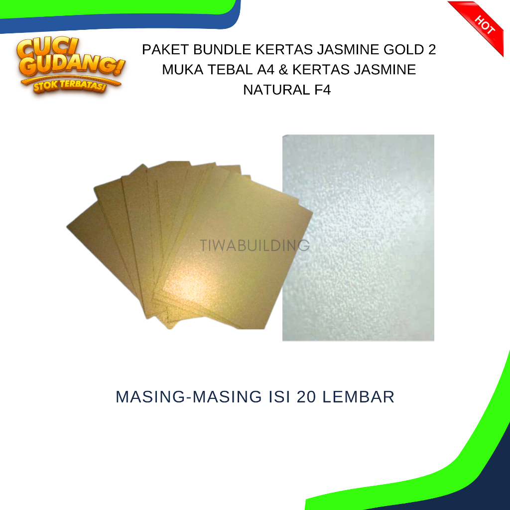 

PAKET BUNDLE KERTAS JASMINE GOLD 2 MUKA TEBAL A4 & KERTAS JASMINE NATURAL F4 – KOMBINASI MEWAH & ELEGAN! ISI 20 LEMBAR PERPAKET