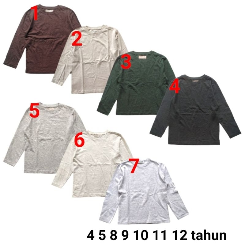 Baju kaos atasan lengan panjang anak laki cowo Zara 4 5 8 9 10 11 12 tahun polos abu coklat broken w
