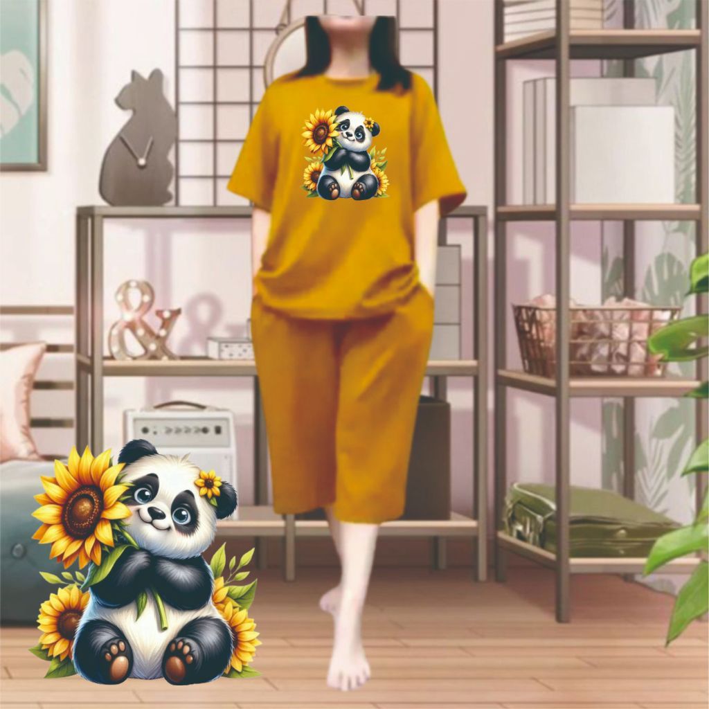 Setelan Wanita One Set Jumbo Kaos Atasan Wanita Baju Oversize Celana Kulot Dewasa SUNFLOWER PANDA