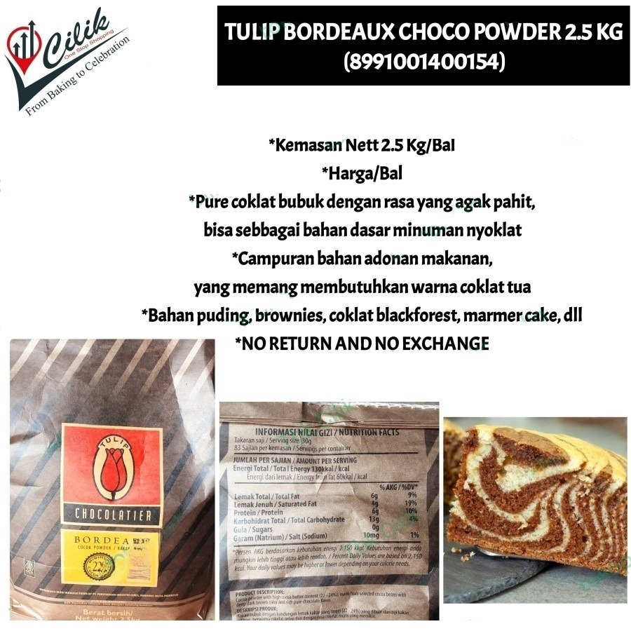 

tulip+choco+bordox+noir+2.5kg+coklat+bubuk+hitam+bahan+kue+puding+brownies+kue