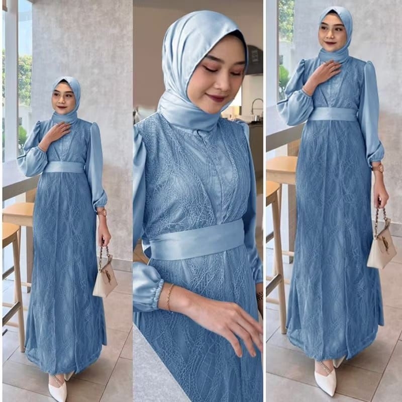 SYANIFAH - DRESS BAJU GAMIS GAUN BRUKAT REMAJA DEWASA SATIN VELVET BUSUI JUMBO WARNA BIRU BLUE CERAH