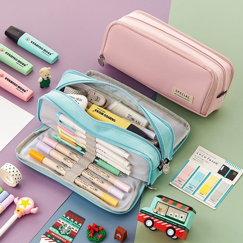 

Angoo Kawaii Large Capacity Pencil Case 3 Compartment Pouch Pen Bag Double Side Opening Student Stationery Organizer School Supplies