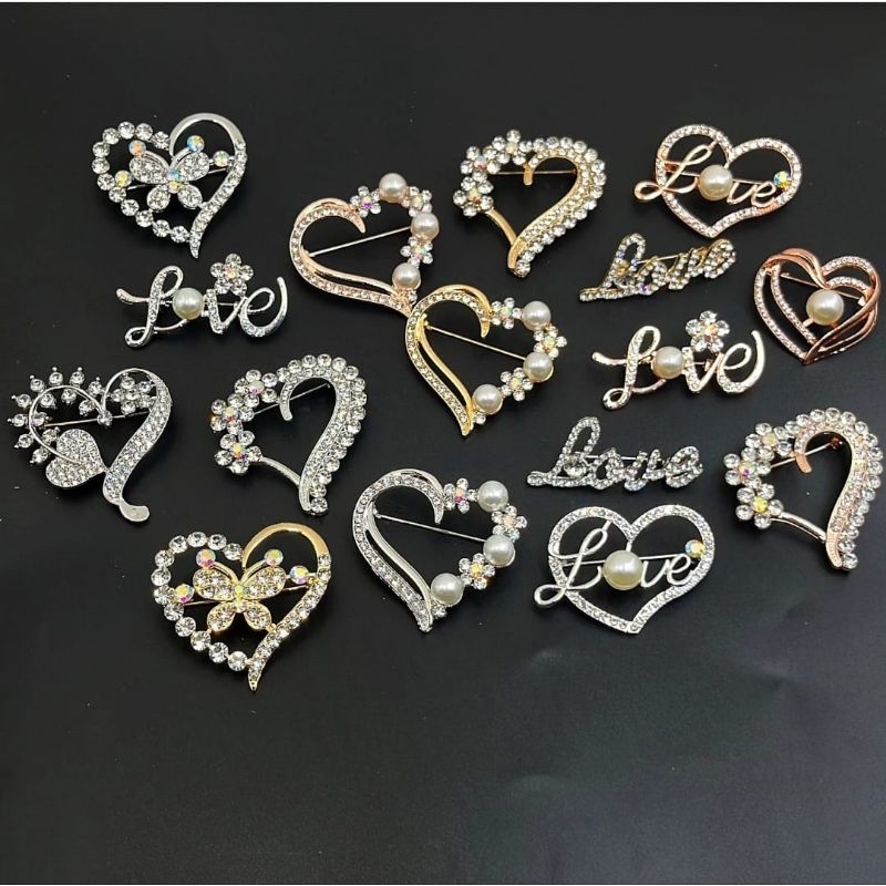 Bros Hijab Love Heart Mutiara Kristal Bros Peniti Hijab Gold dan Silver