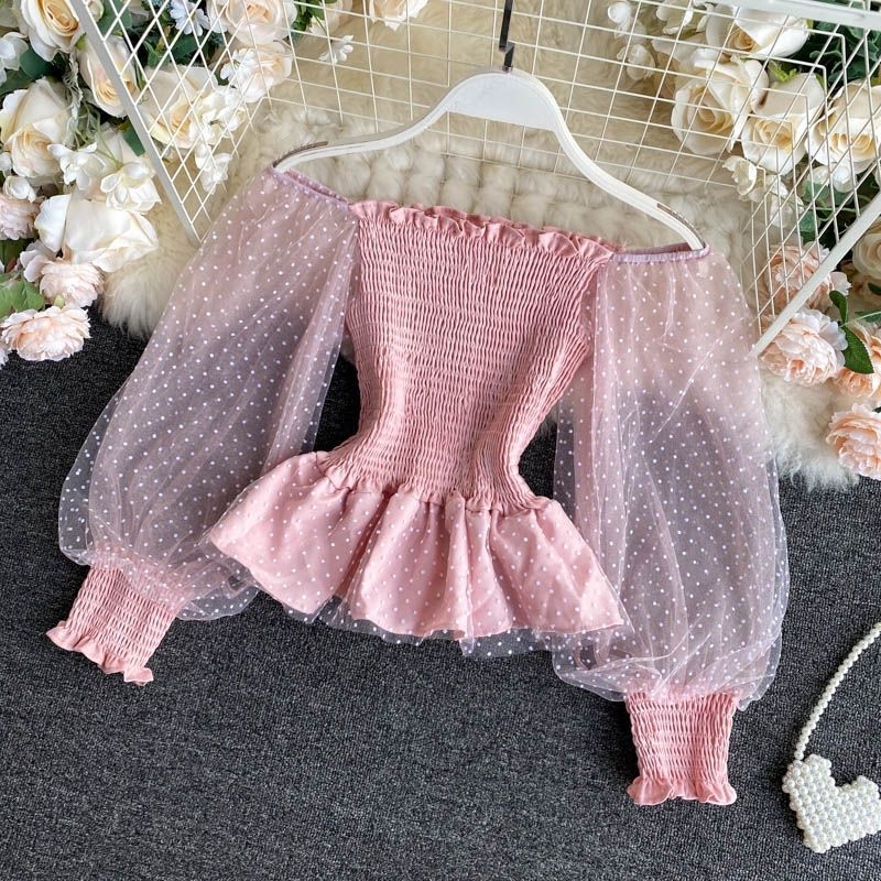 Atasan baju Sabrina wanita Korea style lengan balon polkadot all size