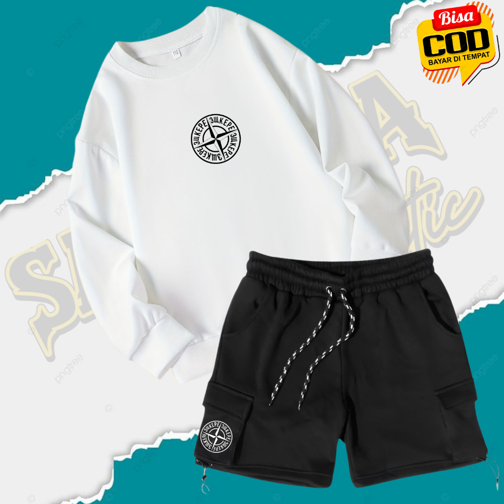 Stelan Oneset Sweater Crewneck Pria Wanita Terlaris Warna Putih Flecee Celana Stond Island Terbaru L