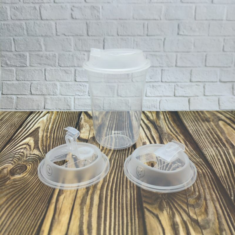 CUP Gelas PP Injection 16oz Oval Bening 500ml + Tutup Leakproof Flip Lid Bening
