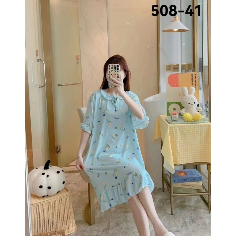 Daster dress pendek wanita baju tidur import kekinian korean allsize kerah rumbai renda pita bunga b