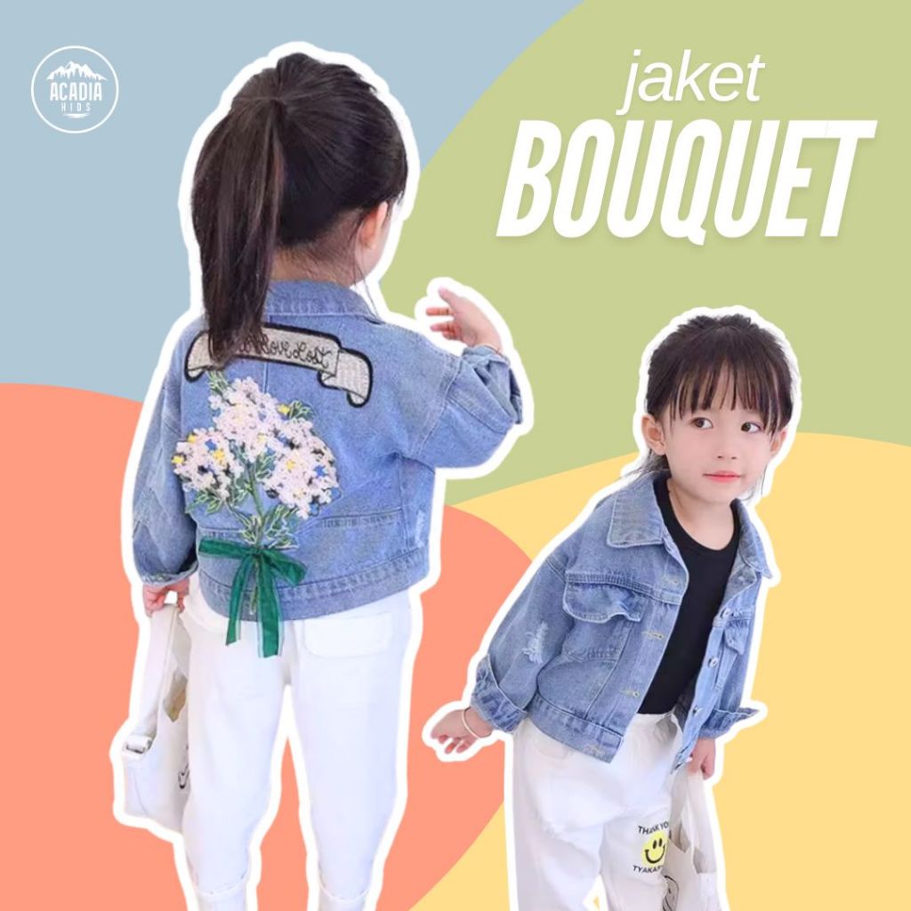 Acadiakids - Jaket Denim Anak Perempuan Lengan Panjang Penutup Kancing Motif Bordir Bunga BOUQUET Pr