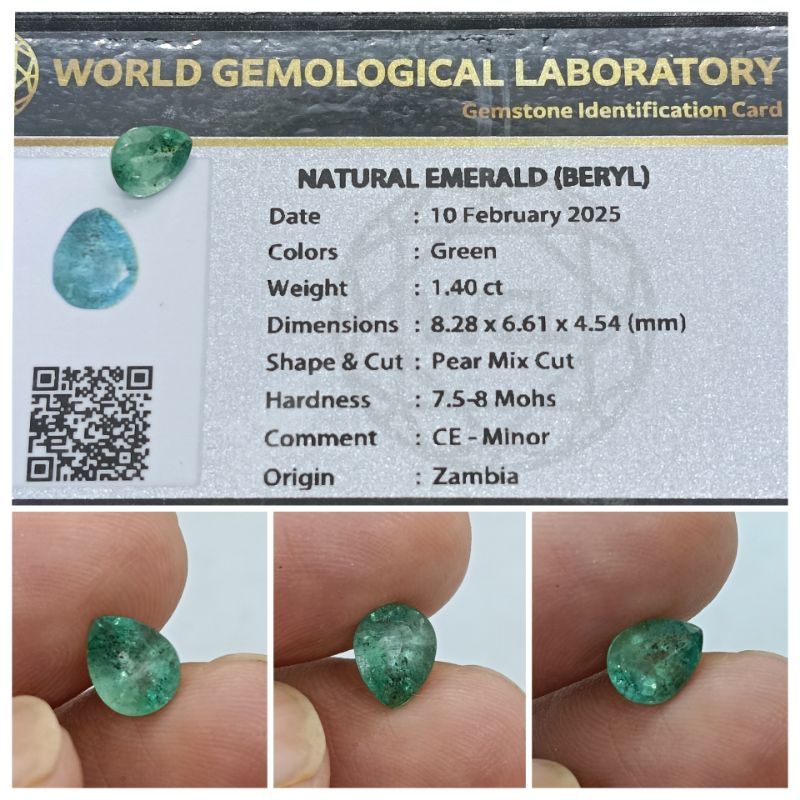 Natural Emerald beryl 1,43 ct Minor memo WGL Kualitas Bagus Zamrud Zambia